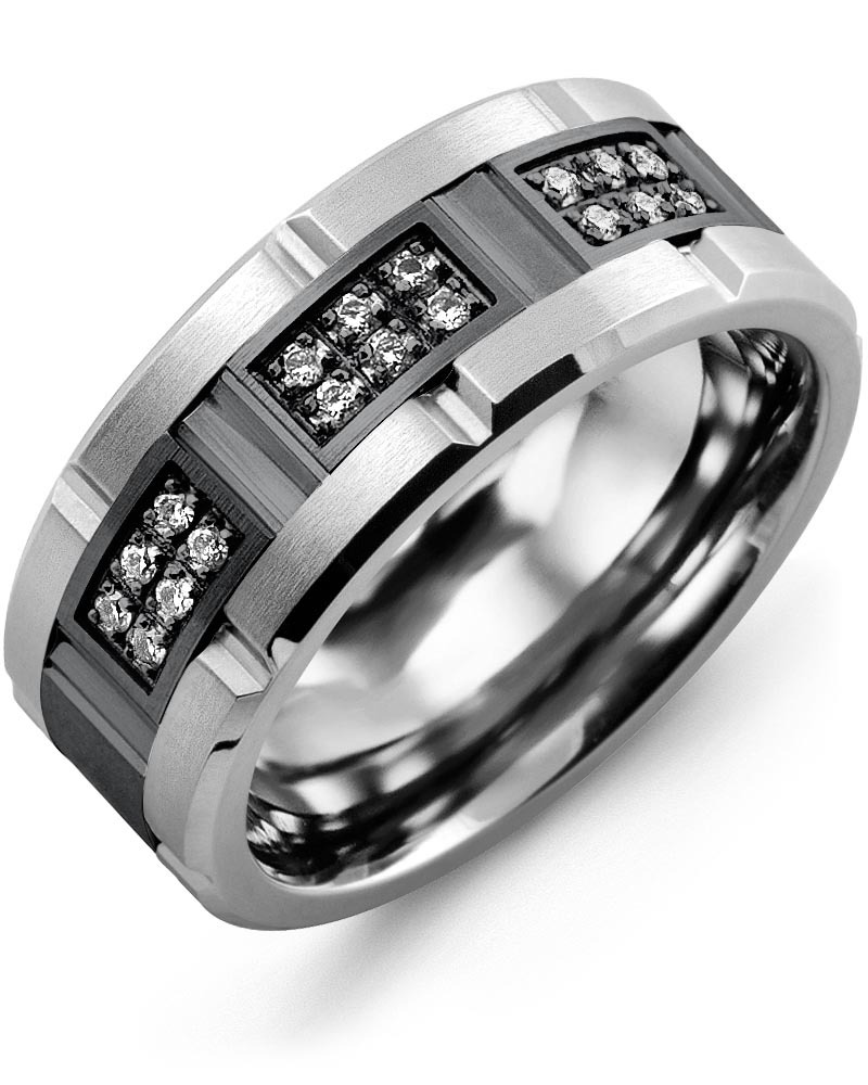 Men's & Women's Tungsten Brush Grooves & Black Gold + 18 Diamonds 0.18ct Wedding Band from MADANI Rings. Wedding bands, fashion rings, promise rings, made of Tungsten, Ceramic, Cobalt, and Gold. View the collection at madanirings.com