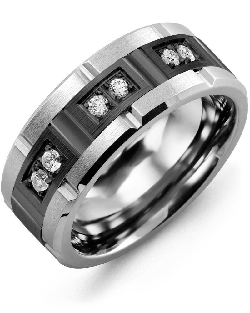 Men's & Women's Tungsten Brush Grooves & Black Gold + 6 Diamonds 0.18ct Wedding Band from MADANI Rings. Wedding bands, fashion rings, promise rings, made of Tungsten, Ceramic, Cobalt, and Gold. View the collection at madanirings.com