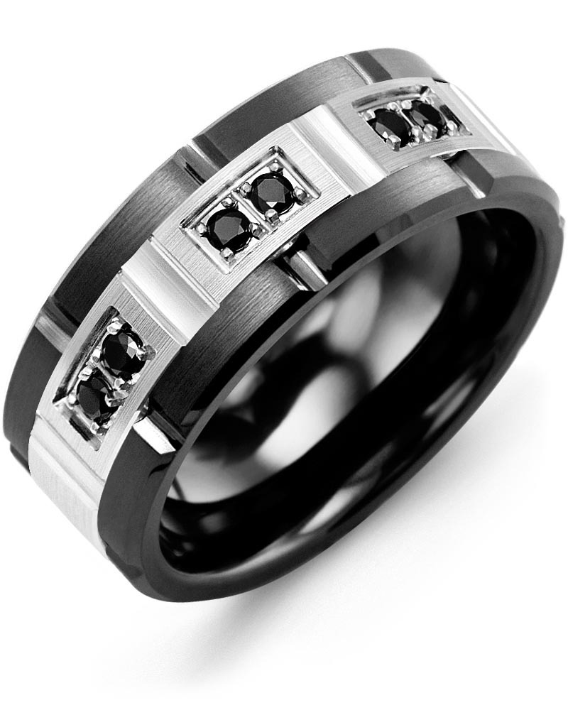 Men's & Women's Black Ceramic Brush Grooves & White Gold + 6 Black Diamonds 0.18ct Wedding Band