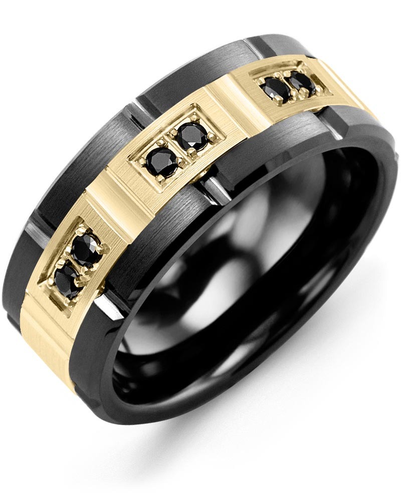 Men's & Women's Black Ceramic Brush Grooves & Yellow Gold + 6 Black Diamonds 0.18ct Wedding Band