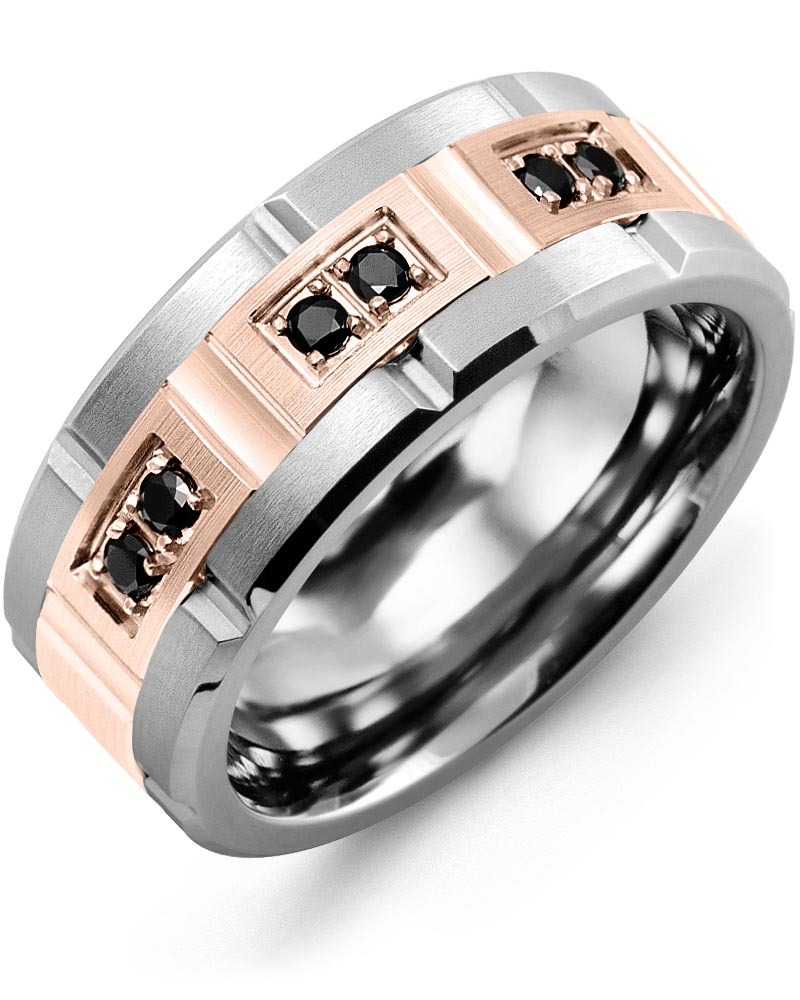 Men's & Women's Cobalt Brush Grooves & Rose Gold + 6 Black Diamonds 0.18ct Wedding Band