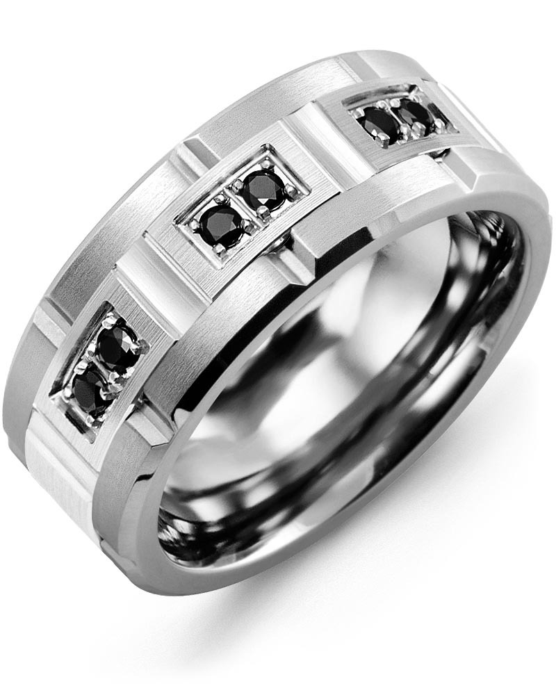 Men's & Women's Cobalt Brush Grooves & White Gold + 6 Black Diamonds 0.18ct Wedding Band from MADANI Rings. Wedding bands, fashion rings, promise rings, made of Tungsten, Ceramic, Cobalt, and Gold. View the collection at madanirings.com