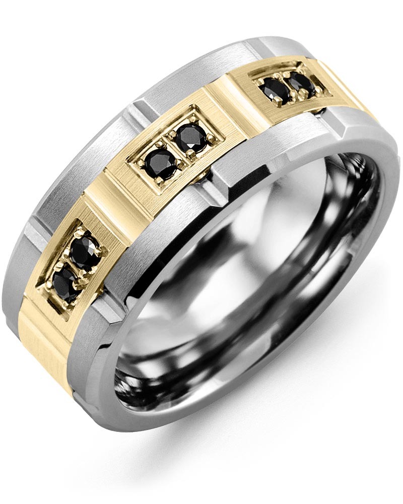 Men's & Women's Cobalt Brush Grooves & Yellow Gold + 6 Black Diamonds 0.18ct Wedding Band