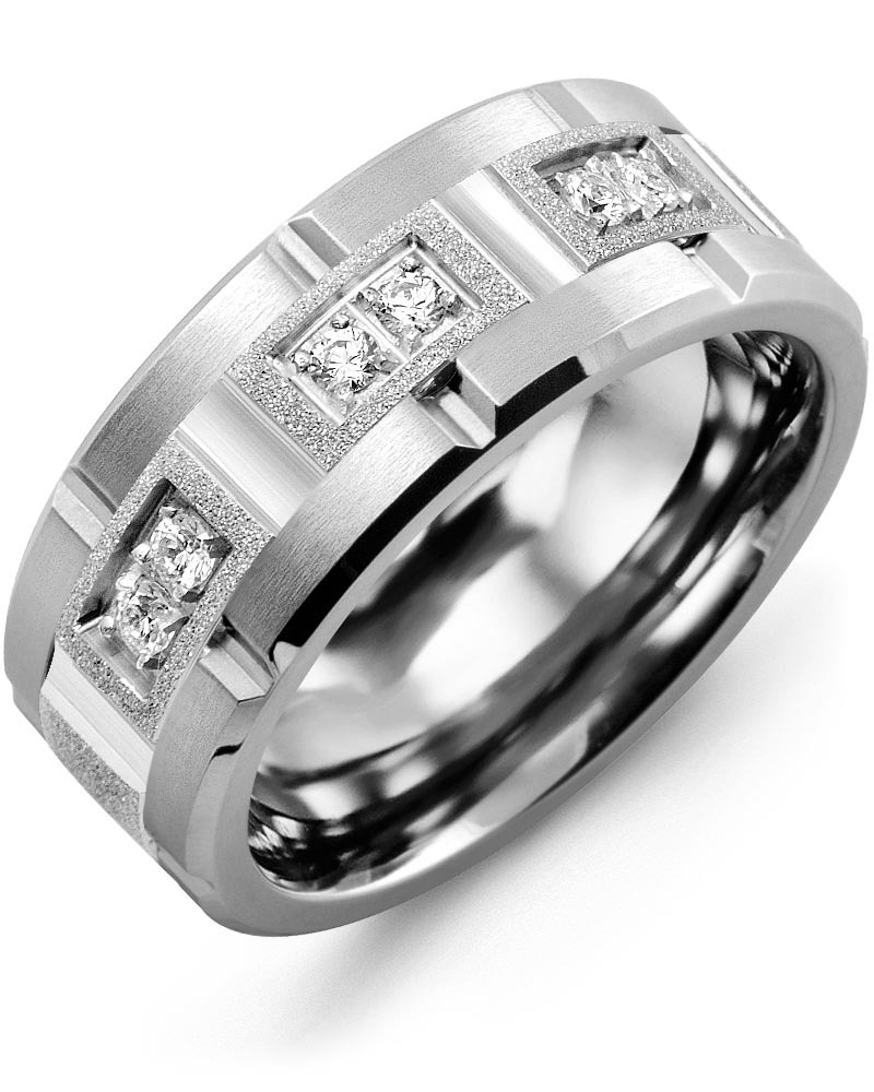 Men's & Women's Tungsten Brush Grooves & White Gold + 6 Diamonds 0.18ct Wedding Band from MADANI Rings. Wedding bands, fashion rings, promise rings, made of Tungsten, Ceramic, Cobalt, and Gold. View the collection at madanirings.com