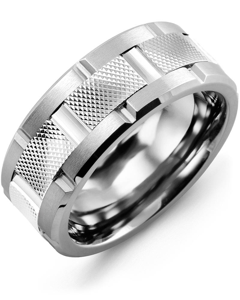 Men's & Women's Cobalt Brush Grooves & White Gold Wedding Band from MADANI Rings. Wedding bands, fashion rings, promise rings, made of Tungsten, Ceramic, Cobalt, and Gold. View the collection at madanirings.com