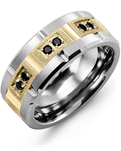 Men's & Women's Cobalt Brush Grooves & Yellow Gold + 6 Black Diamonds 0.18ct Wedding Band