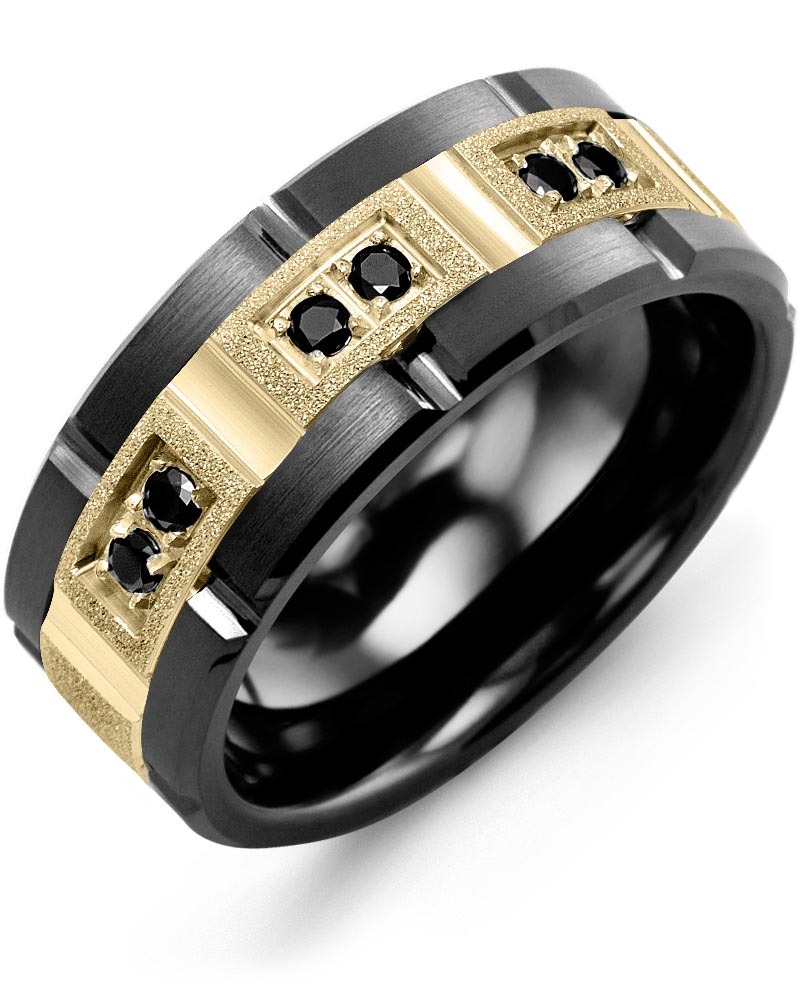 Men's & Women's Black Ceramic Brush Grooves & Yellow Gold + 6 Black Diamonds 0.18ct Wedding Band