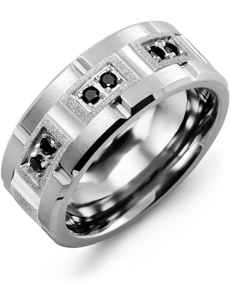 Men's & Women's Cobalt Brush Grooves & White Gold + 6 Black Diamonds 0.18ct Wedding Band from MADANI Rings. Wedding bands, fashion rings, promise rings, made of Tungsten, Ceramic, Cobalt, and Gold. View the collection at madanirings.com