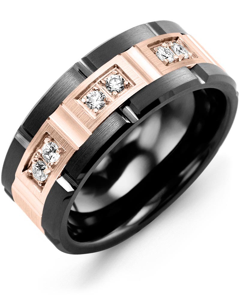 Men's & Women's Black Ceramic Brush Grooves & Rose Gold + 6 Diamonds 0.18ct Wedding Band