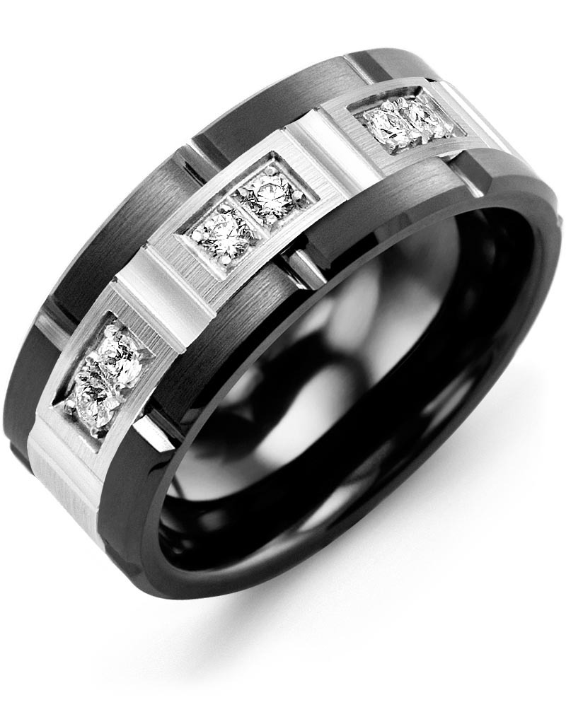 Men's & Women's Black Ceramic Brush Grooves & White Gold + 6 Diamonds 0.18ct Wedding Band