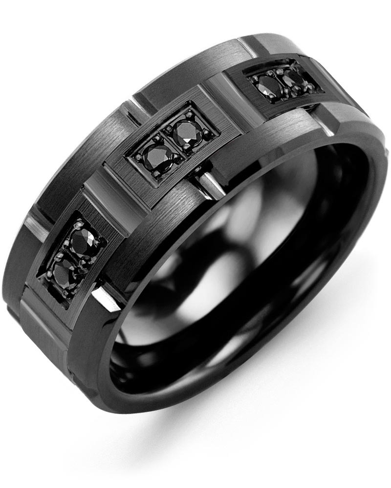 Men's & Women's Black Ceramic Brush Grooves & Black Gold + 6 Black Diamonds 0.18ct Wedding Band
