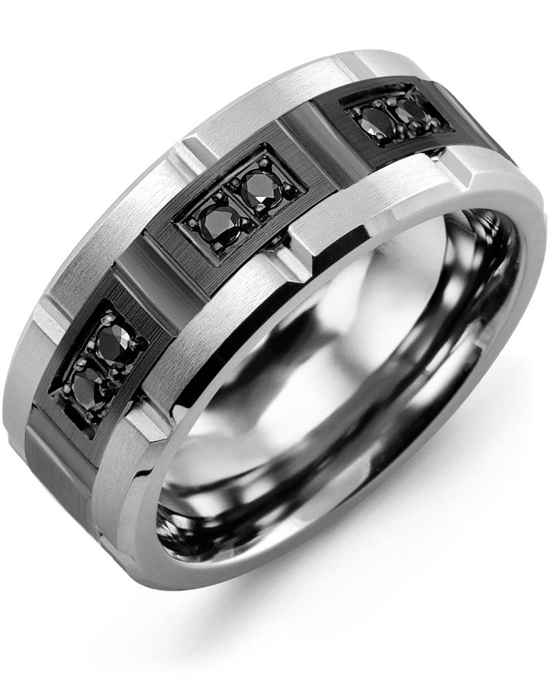 Men's & Women's Tungsten Brush Grooves & Black Gold + 6 Black Diamonds 0.18ct Wedding Band from MADANI Rings. Wedding bands, fashion rings, promise rings, made of Tungsten, Ceramic, Cobalt, and Gold. View the collection at madanirings.com