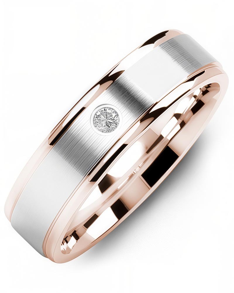 Men's & Women's Rose Gold & White Gold + 1 Diamond 0.05ct Wedding Band