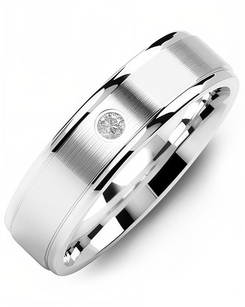 Men's & Women's White Gold & White Gold + 1 Diamond 0.05ct Wedding Band from MADANI Rings. Wedding bands, fashion rings, promise rings, made of Tungsten, Ceramic, Cobalt, and Gold. View the collection at madanirings.com
