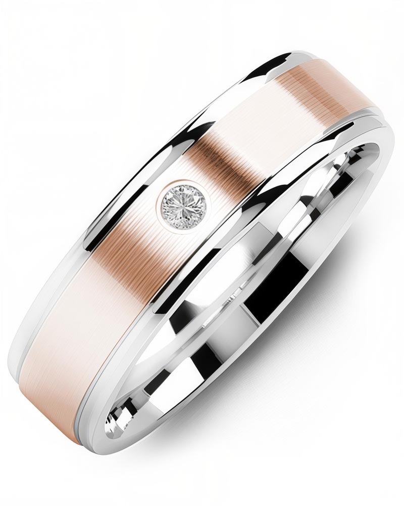 Men's & Women's White Gold & Rose Gold + 1 Diamond 0.05ct Wedding Band