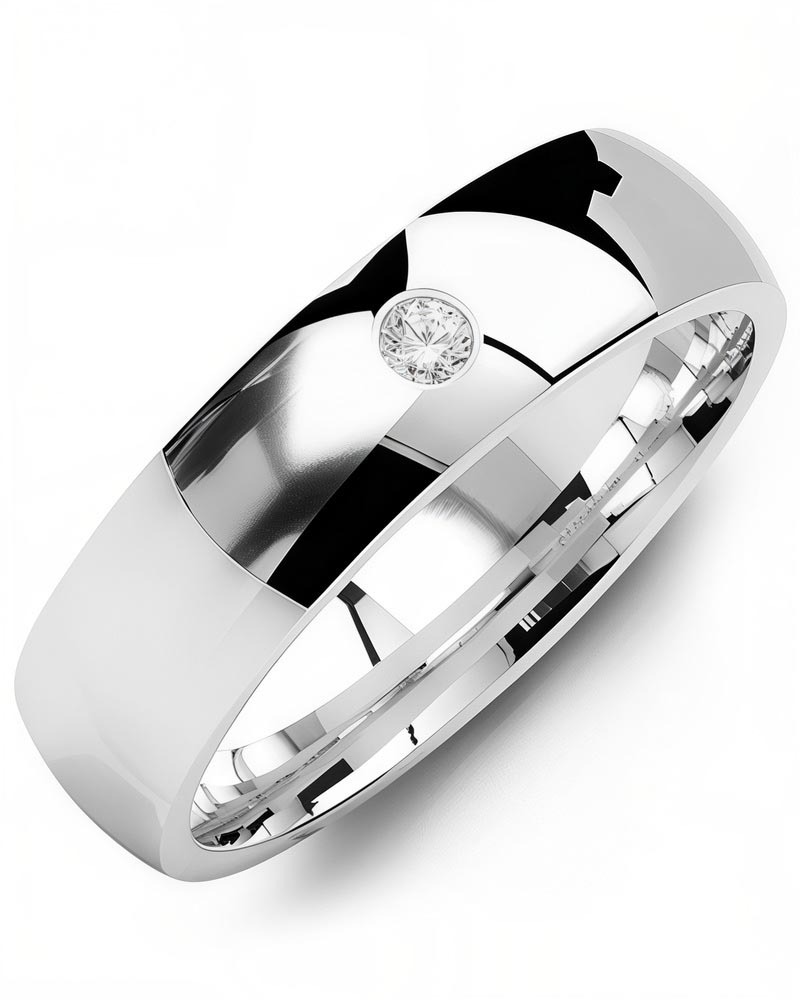 Men's & Women's White Gold + 1 Diamond 0.05ct Wedding Band from MADANI Rings. Wedding bands, fashion rings, promise rings, made of Tungsten, Ceramic, Cobalt, and Gold. View the collection at madanirings.com