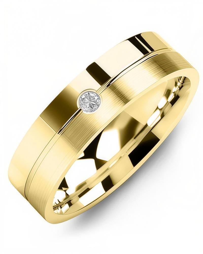 Men's & Women's Yellow Gold + 1 Diamond 0.05ct Wedding Band from MADANI Rings. Wedding bands, fashion rings, promise rings, made of Tungsten, Ceramic, Cobalt, and Gold. View the collection at madanirings.com