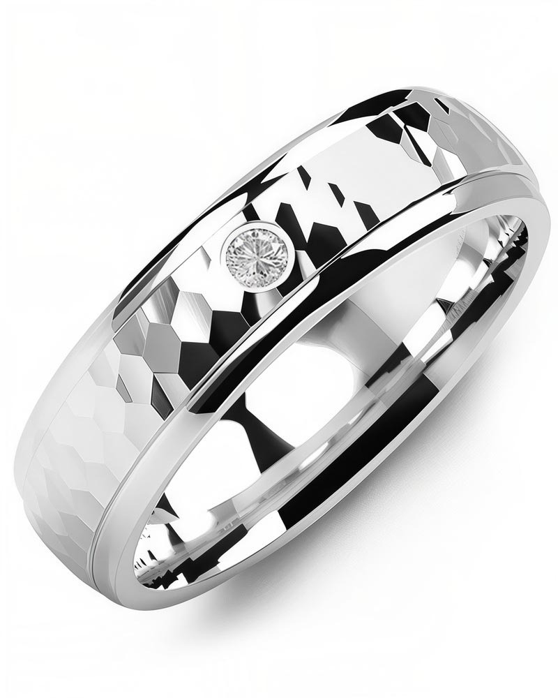 Men's & Women's White Gold + 1 Diamond 0.05ct Wedding Band from MADANI Rings. Wedding bands, fashion rings, promise rings, made of Tungsten, Ceramic, Cobalt, and Gold. View the collection at madanirings.com
