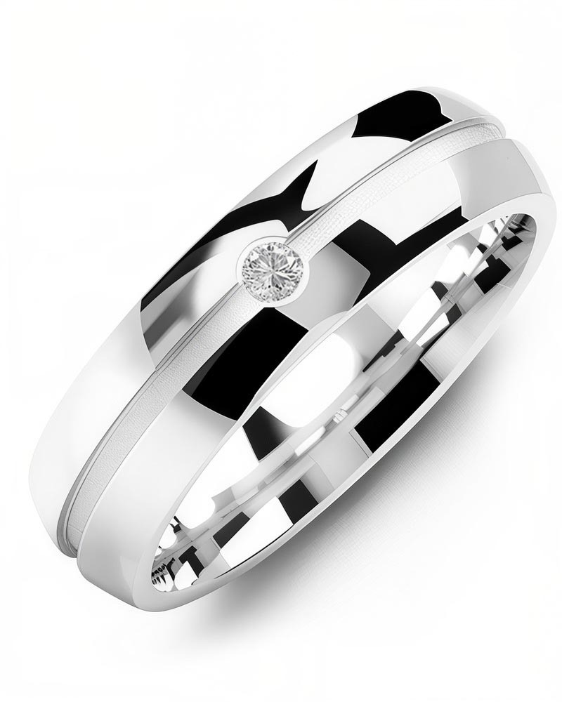 Men's & Women's White Gold + 1 Diamond 0.05ct Wedding Band from MADANI Rings. Wedding bands, fashion rings, promise rings, made of Tungsten, Ceramic, Cobalt, and Gold. View the collection at madanirings.com