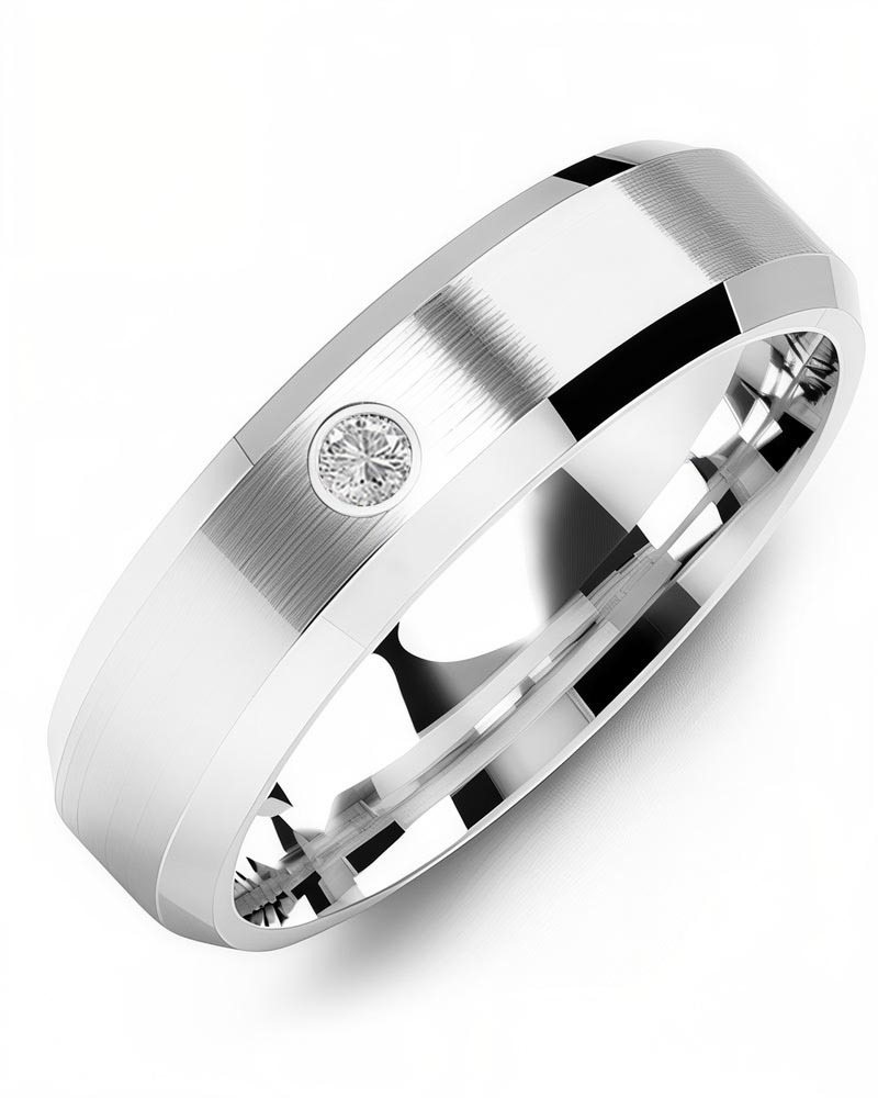Men's & Women's White Gold + 1 Diamond 0.05ct Wedding Band from MADANI Rings. Wedding bands, fashion rings, promise rings, made of Tungsten, Ceramic, Cobalt, and Gold. View the collection at madanirings.com