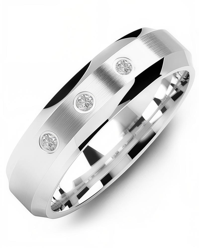 Men's & Women's White Gold + 3 Diamonds 0.06ct Wedding Band from MADANI Rings. Wedding bands, fashion rings, promise rings, made of Tungsten, Ceramic, Cobalt, and Gold. View the collection at madanirings.com