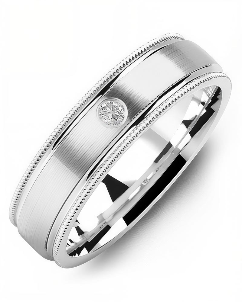 Men's & Women's White Gold + 1 Diamond 0.05ct Wedding Band from MADANI Rings. Wedding bands, fashion rings, promise rings, made of Tungsten, Ceramic, Cobalt, and Gold. View the collection at madanirings.com