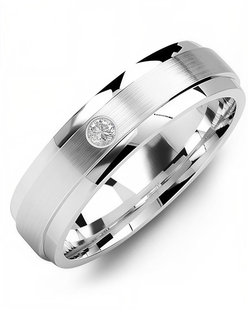 Men's & Women's White Gold + 1 Diamond 0.05ct Wedding Band from MADANI Rings. Wedding bands, fashion rings, promise rings, made of Tungsten, Ceramic, Cobalt, and Gold. View the collection at madanirings.com