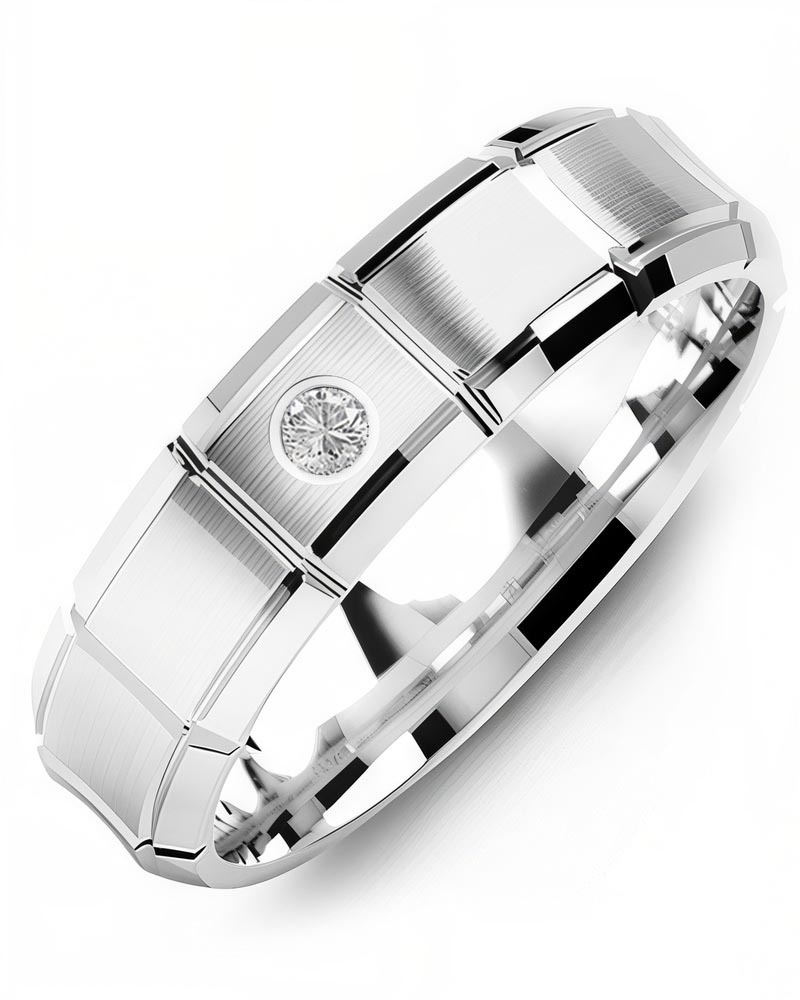 Men's & Women's White Gold + 1 Diamond 0.05ct Wedding Band from MADANI Rings. Wedding bands, fashion rings, promise rings, made of Tungsten, Ceramic, Cobalt, and Gold. View the collection at madanirings.com