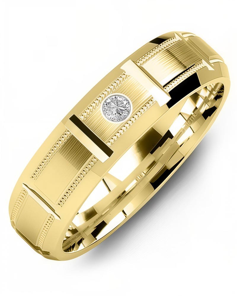 Men's & Women's Yellow Gold + 1 Diamond 0.05ct Wedding Band from MADANI Rings. Wedding bands, fashion rings, promise rings, made of Tungsten, Ceramic, Cobalt, and Gold. View the collection at madanirings.com