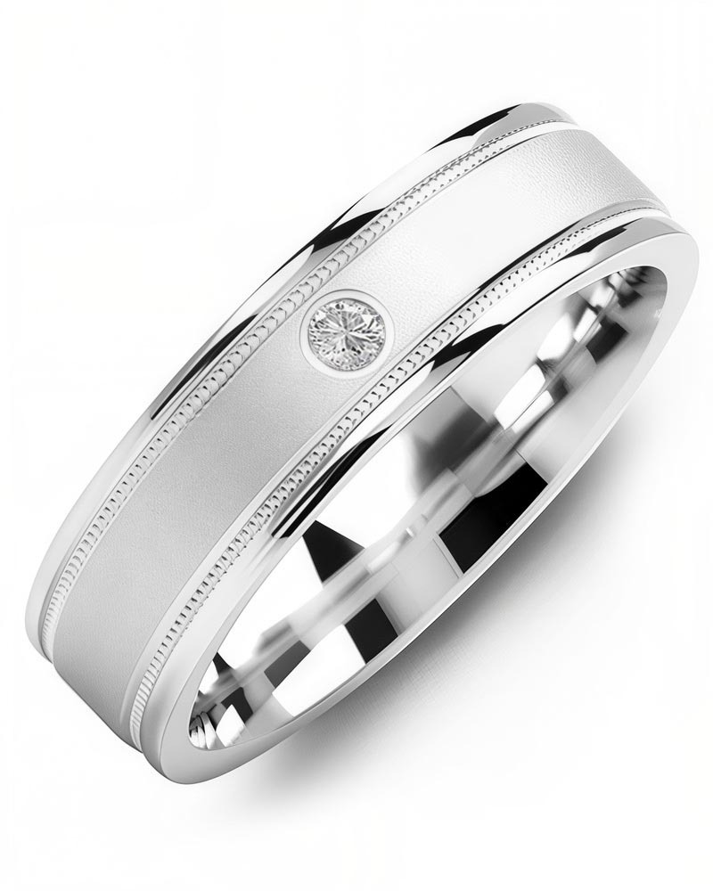 Men's & Women's White Gold & White Gold + 1 Diamond 0.05ct Wedding Band from MADANI Rings. Wedding bands, fashion rings, promise rings, made of Tungsten, Ceramic, Cobalt, and Gold. View the collection at madanirings.com