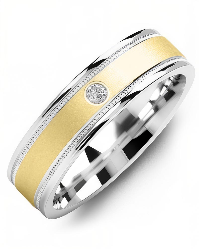 Men's & Women's White Gold & Yellow Gold + 1 Diamond 0.05ct Wedding Band