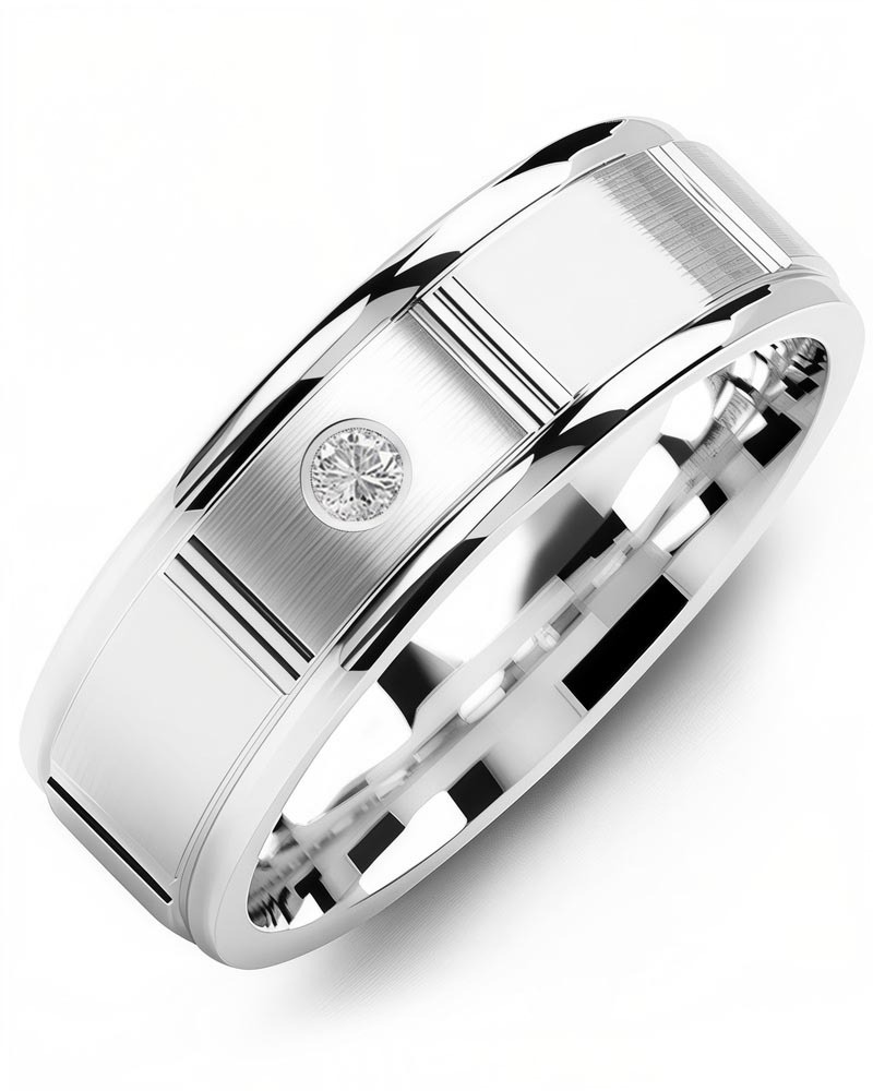 Men's & Women's White Gold & White Gold + 1 Diamond 0.05ct Wedding Band from MADANI Rings. Wedding bands, fashion rings, promise rings, made of Tungsten, Ceramic, Cobalt, and Gold. View the collection at madanirings.com