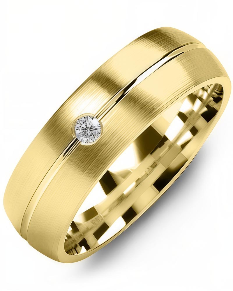 Men's & Women's Yellow Gold + 1 Diamond 0.05ct Wedding Band from MADANI Rings. Wedding bands, fashion rings, promise rings, made of Tungsten, Ceramic, Cobalt, and Gold. View the collection at madanirings.com