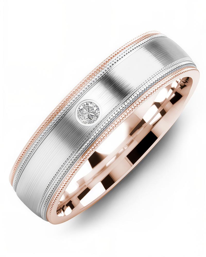 Men's & Women's Rose Gold & White Gold + 1 Diamond 0.05ct Wedding Band