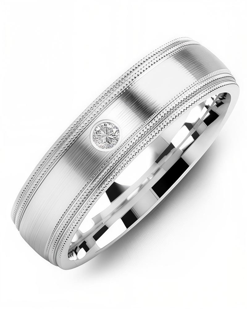Men's & Women's White Gold & White Gold + 1 Diamond 0.05ct Wedding Band from MADANI Rings. Wedding bands, fashion rings, promise rings, made of Tungsten, Ceramic, Cobalt, and Gold. View the collection at madanirings.com