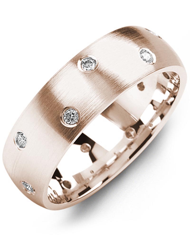 Men's & Women's Rose Gold + 12 Diamonds 0.24ct Wedding Band from MADANI Rings. Wedding bands, fashion rings, promise rings, made of Tungsten, Ceramic, Cobalt, and Gold. View the collection at madanirings.com
