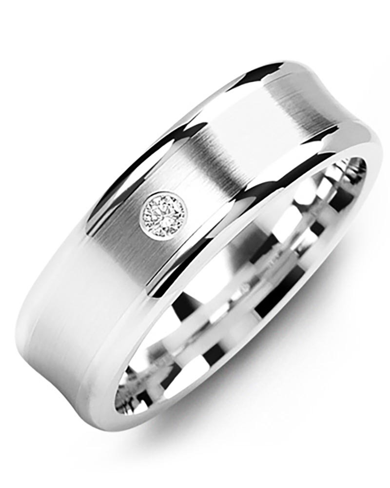 Men's & Women's White Gold + 1 Diamond 0.05ct Wedding Band from MADANI Rings. Wedding bands, fashion rings, promise rings, made of Tungsten, Ceramic, Cobalt, and Gold. View the collection at madanirings.com