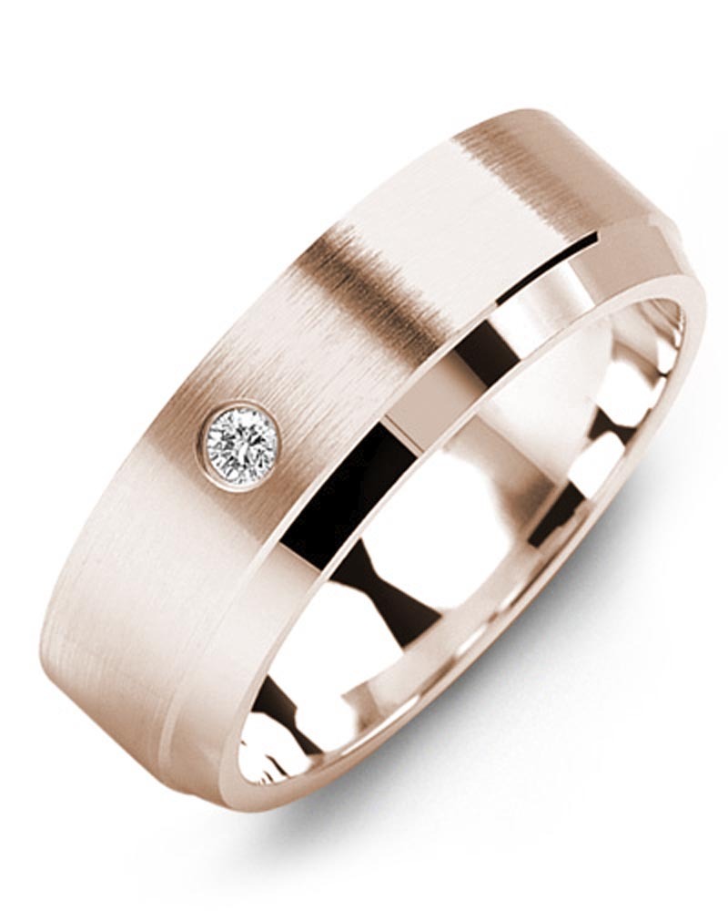 Men's & Women's Rose Gold + 1 Diamond 0.05ct Wedding Band from MADANI Rings. Wedding bands, fashion rings, promise rings, made of Tungsten, Ceramic, Cobalt, and Gold. View the collection at madanirings.com