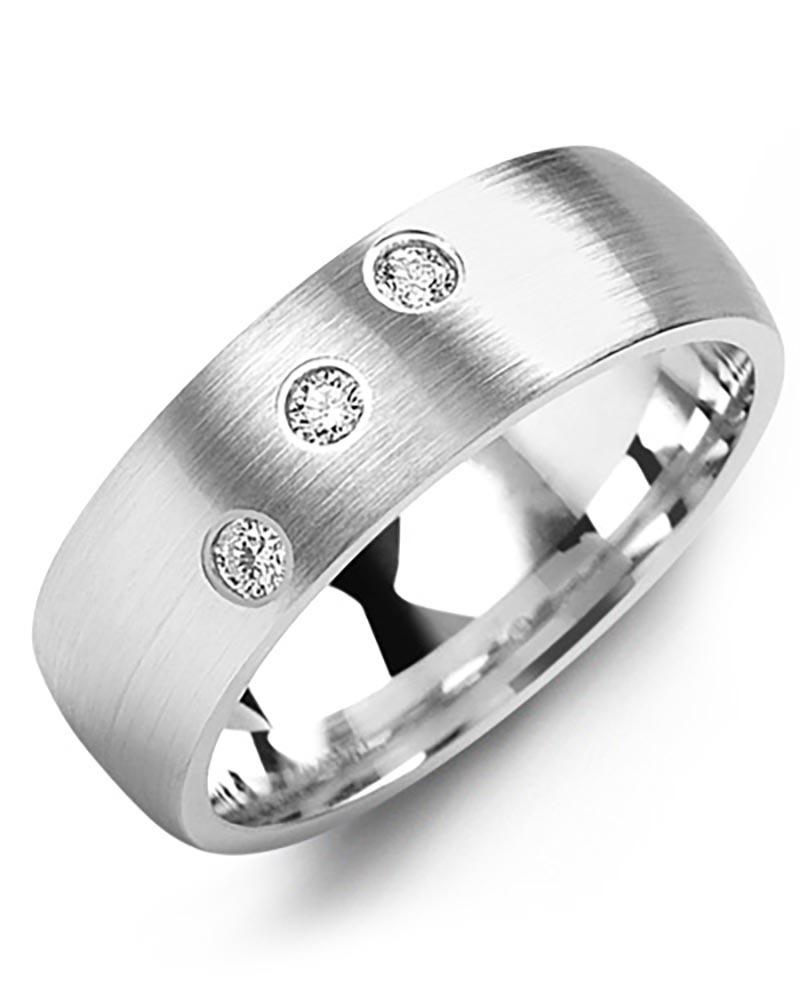 Men's & Women's White Gold + 3 Diamonds 0.15ct Wedding Band from MADANI Rings. Wedding bands, fashion rings, promise rings, made of Tungsten, Ceramic, Cobalt, and Gold. View the collection at madanirings.com