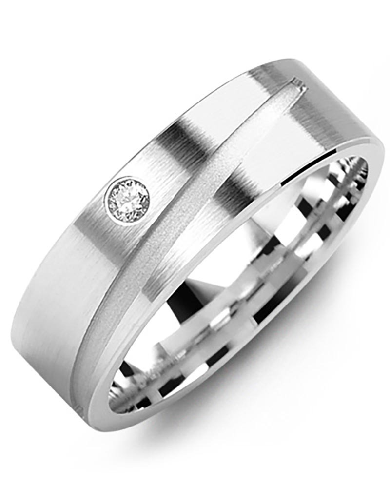 Men's & Women's White Gold + 1 Diamond 0.05ct Wedding Band from MADANI Rings. Wedding bands, fashion rings, promise rings, made of Tungsten, Ceramic, Cobalt, and Gold. View the collection at madanirings.com