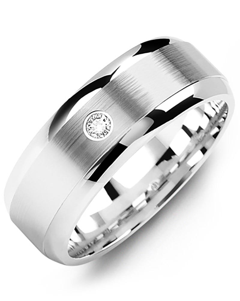 Men's & Women's White Gold + 1 Diamond 0.05ct Wedding Band from MADANI Rings. Wedding bands, fashion rings, promise rings, made of Tungsten, Ceramic, Cobalt, and Gold. View the collection at madanirings.com