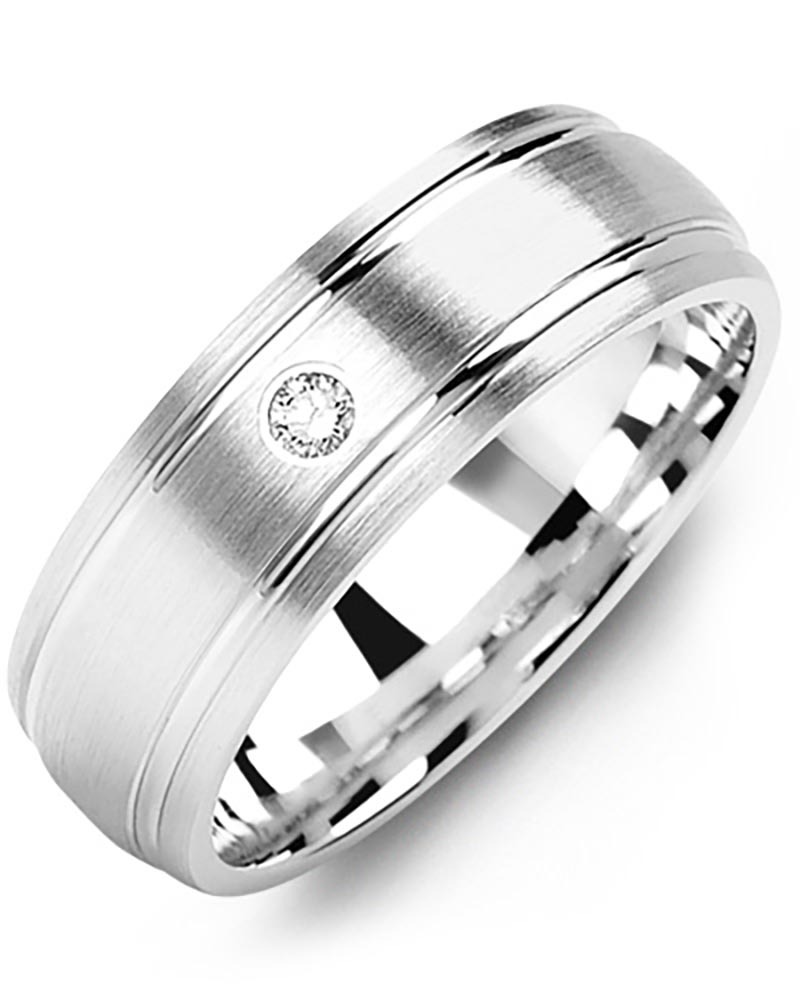 Men's & Women's White Gold + 1 Diamond 0.05ct Wedding Band from MADANI Rings. Wedding bands, fashion rings, promise rings, made of Tungsten, Ceramic, Cobalt, and Gold. View the collection at madanirings.com