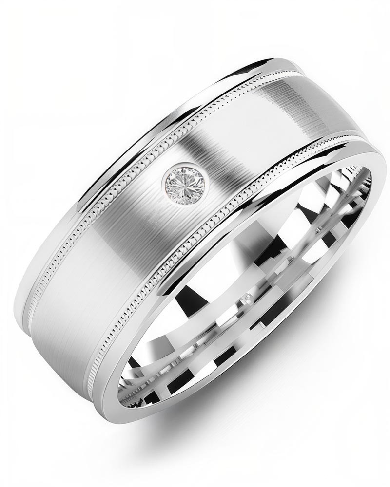 Men's & Women's White Gold & White Gold + 1 Diamond 0.05ct Wedding Band from MADANI Rings. Wedding bands, fashion rings, promise rings, made of Tungsten, Ceramic, Cobalt, and Gold. View the collection at madanirings.com
