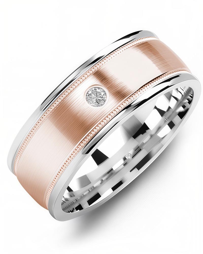 Men's & Women's White Gold & Rose Gold + 1 Diamond 0.05ct Wedding Band