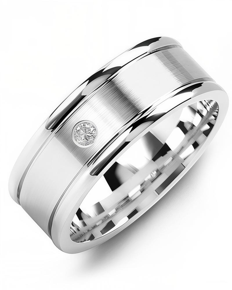 Men's & Women's White Gold + 1 Diamond 0.05ct Wedding Band from MADANI Rings. Wedding bands, fashion rings, promise rings, made of Tungsten, Ceramic, Cobalt, and Gold. View the collection at madanirings.com