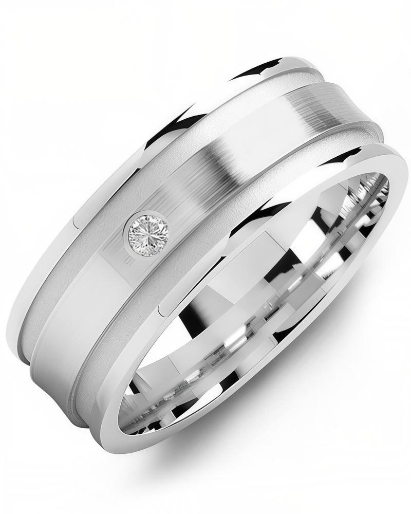 Men's & Women's White Gold + 1 Diamond 0.05ct Wedding Band from MADANI Rings. Wedding bands, fashion rings, promise rings, made of Tungsten, Ceramic, Cobalt, and Gold. View the collection at madanirings.com