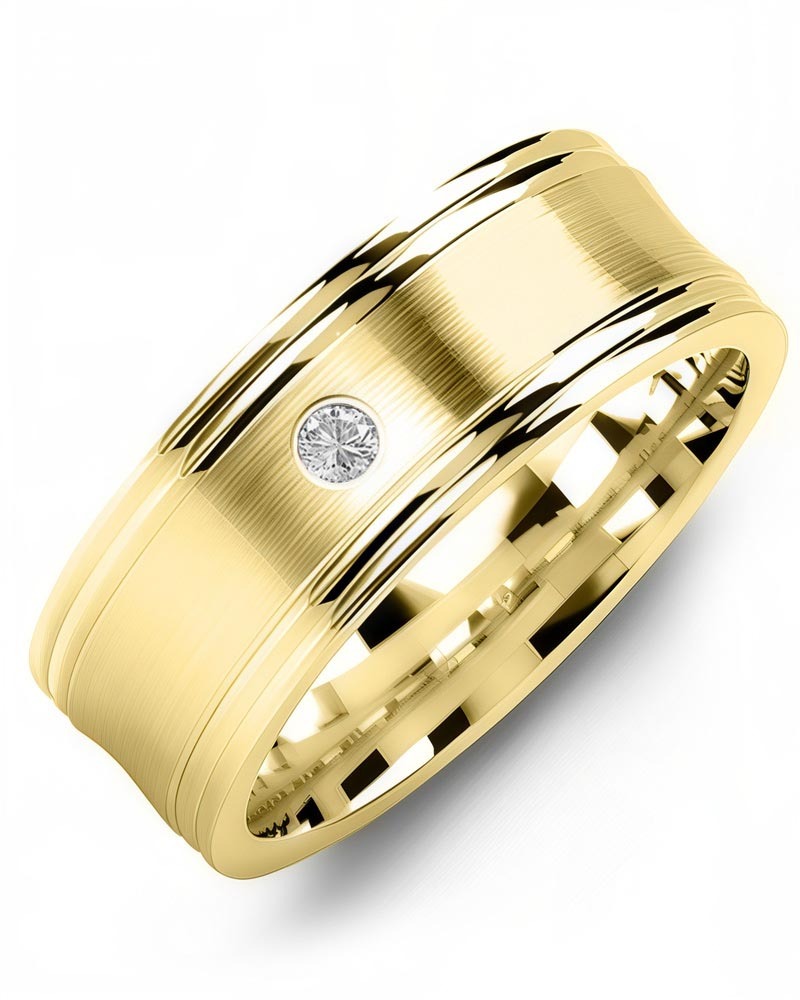Men's & Women's Yellow Gold + 1 Diamond 0.05ct Wedding Band from MADANI Rings. Wedding bands, fashion rings, promise rings, made of Tungsten, Ceramic, Cobalt, and Gold. View the collection at madanirings.com