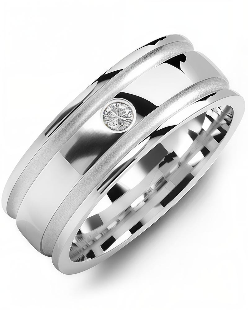 Men's & Women's White Gold + 1 Diamond 0.05ct Wedding Band from MADANI Rings. Wedding bands, fashion rings, promise rings, made of Tungsten, Ceramic, Cobalt, and Gold. View the collection at madanirings.com