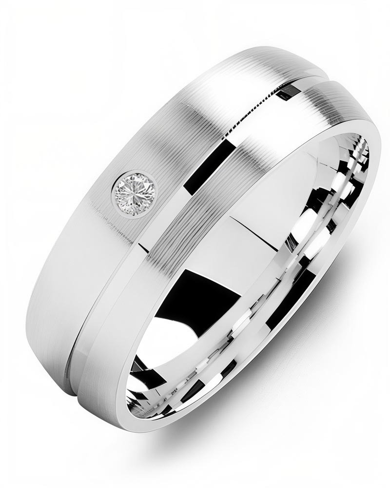 Men's & Women's White Gold + 1 Diamond 0.05ct Wedding Band from MADANI Rings. Wedding bands, fashion rings, promise rings, made of Tungsten, Ceramic, Cobalt, and Gold. View the collection at madanirings.com