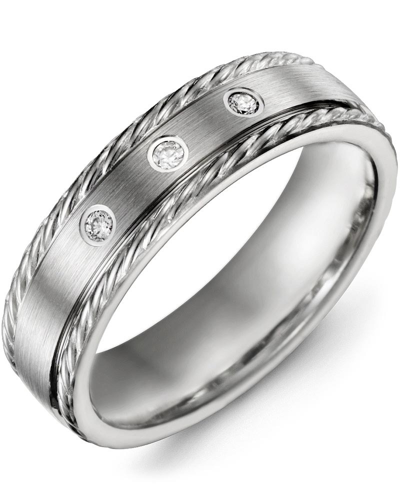 Men's & Women's White Gold + 3 Diamonds 0.06ct Wedding Band from MADANI Rings. Wedding bands, fashion rings, promise rings, made of Tungsten, Ceramic, Cobalt, and Gold. View the collection at madanirings.com